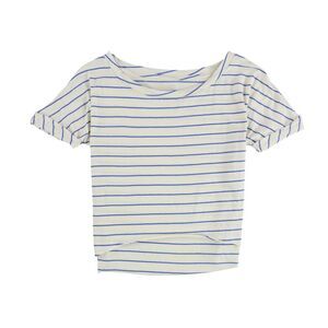 Mouchette Womens High Low Raw Edge Crop Basic T-Shirt, ivory, S